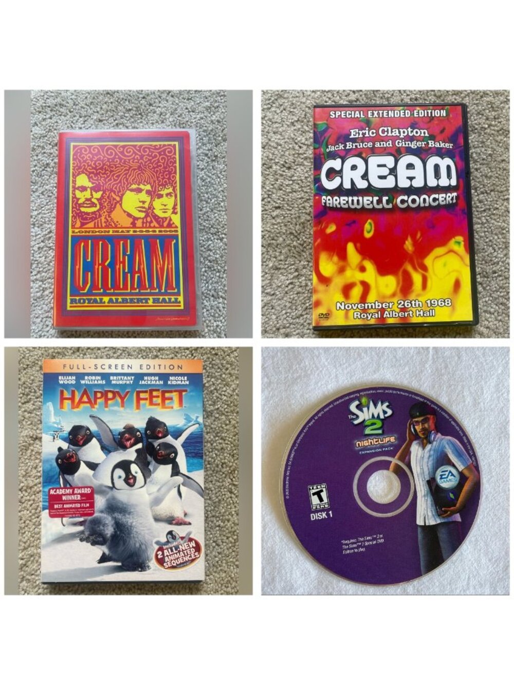 Bundle Lot 4 Cream Eric Clapton Concert DVDs + Happy Feet DVD + Sims 2 PC Game